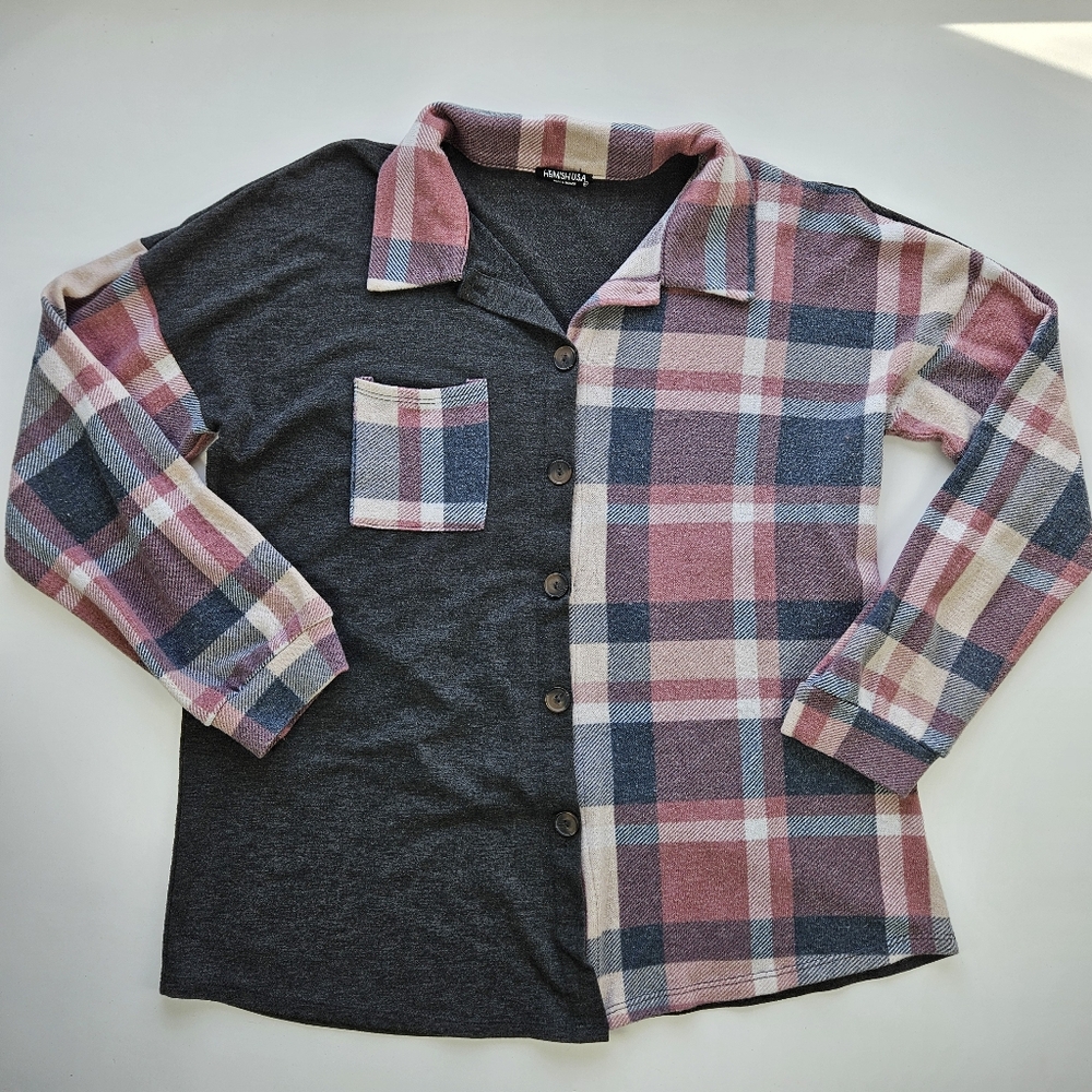 Cozy Plaid Colorblock Button-Up Shirt 2X